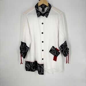 Ali Miles Womens Button Up Tunic Top L White Black Abstract Art to Wear Indie